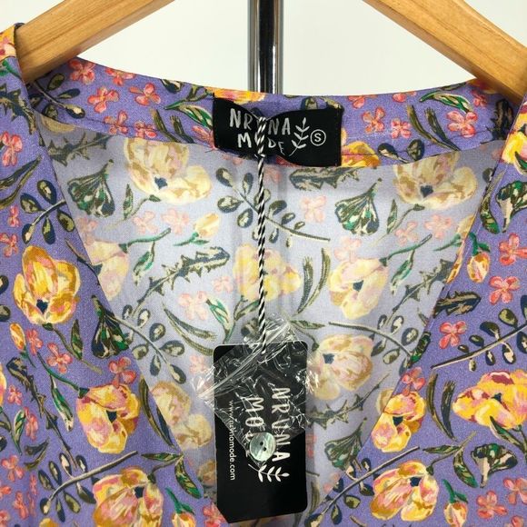 Nrvna Mode Jeanne Purple Floral Mini Shirt Dress Long Sleeve size Small NWT - Picture 10 of 12
